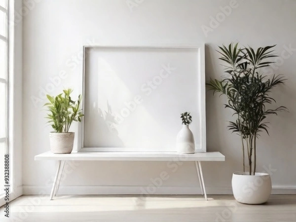 Fototapeta White frame leaning on white shelf in bright interior on empty wall background