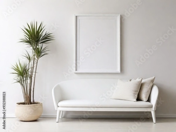 Fototapeta White frame leaning on white shelf in bright interior on empty wall background