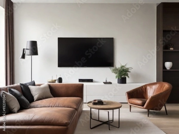 Obraz White wall mounted tv on cabinet in living room with leather sofa and minimal design