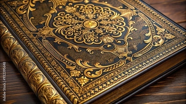 Fototapeta Intricately designed ornate book elements, featuring gold filigree, floral patterns, and classic typography, adorn the cover of a vintage leather-bound tome, evoking nostalgia and luxury.