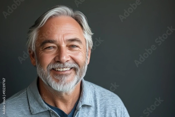 Fototapeta Smiling senior man on gray background. Perfect for websites about retirement, health, and well-being.
