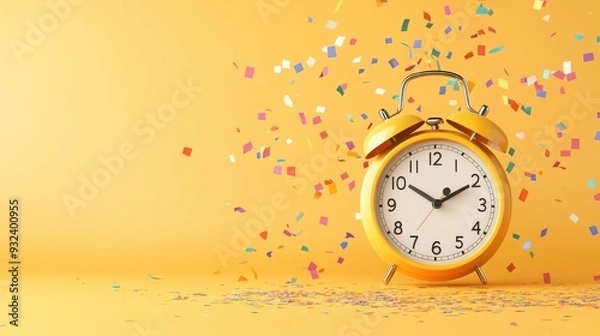 Fototapeta A vibrant yellow alarm clock surrounded by colorful confetti, symbolizing celebration and the passage of time.