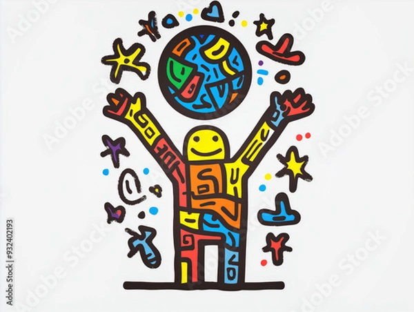 Fototapeta A Colorful Character Is Holding The Earth As A Symbol Above It's Head. Colorful Drawing Of A World Character.