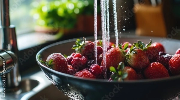 Fototapeta Close-up of a bowl of strawberries and berries being washed under a kitchen faucet, highlighting the care and attention given to preparing healthy, sweet summer fruits.