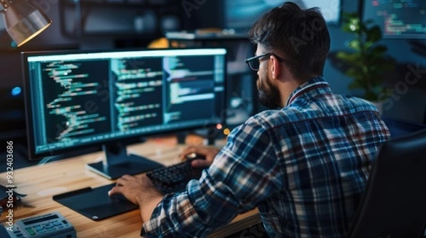 Fototapeta A person sitting at a desk with two computer monitors, working or studying