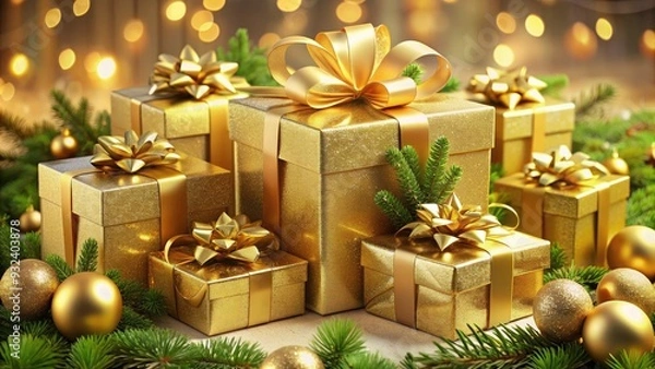 Fototapeta Luxuriant golden gift boxes adorned with elegant bows and ribbons, stacked atop each other, surrounded by festive greenery, evoking a sense of opulent holiday cheer.
