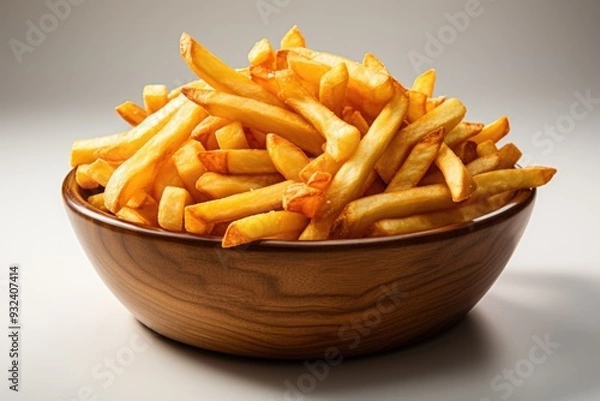 Fototapeta French fries in an isolated wood bowl over white background., generative IA