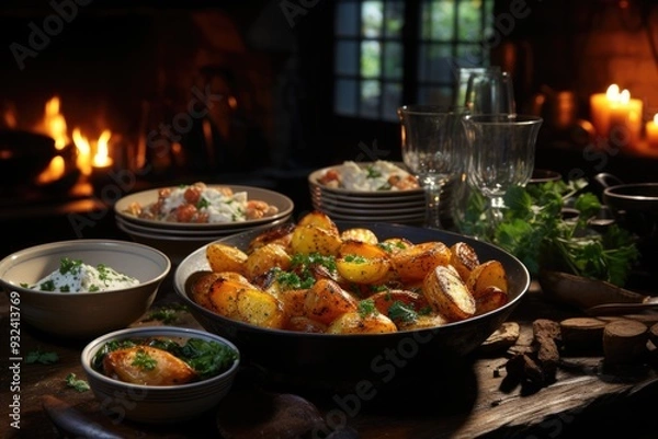 Fototapeta Superior view arrangement of potato dishes with copy space, generative IA