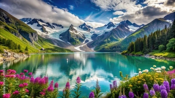 Fototapeta Majestic glaciers and snow-capped mountains tower above a serene turquoise lake, surrounded by lush greenery and vibrant wildflowers, in Alaska's breathtaking wilderness landscape.