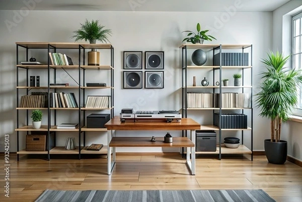 Fototapeta Minimalist interior features a sleek synthesizer on a low-profile table, surrounded by a floor-to-ceiling shelving unit storing vinyl records and stylish decorative objects.