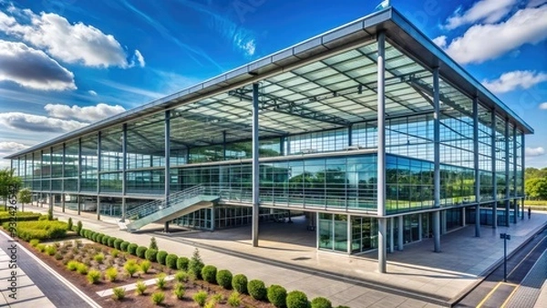 Fototapeta Modern architecture of Dortmund Airport terminal building with large glass windows and steel frames, surrounded by lush greenery and a clear blue sky.