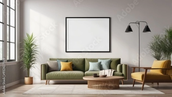 Fototapeta interior poster mockup with vertical wooden frame in home interior background