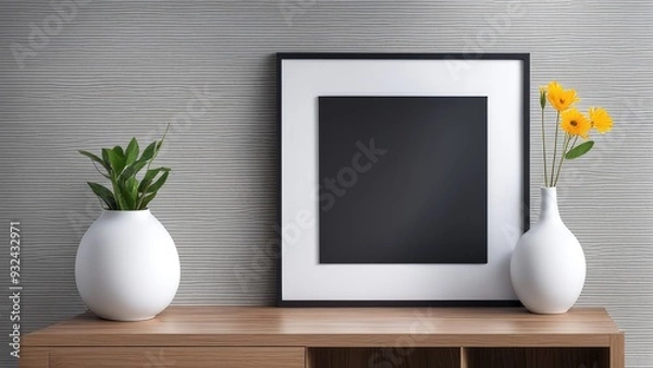 Fototapeta Mockup of white wall wooden frame picture frame mounted on wooden cabinet