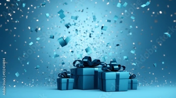 Fototapeta Christmas gift box against blue bokeh background. Holiday greeting card. Neural network ai generated art