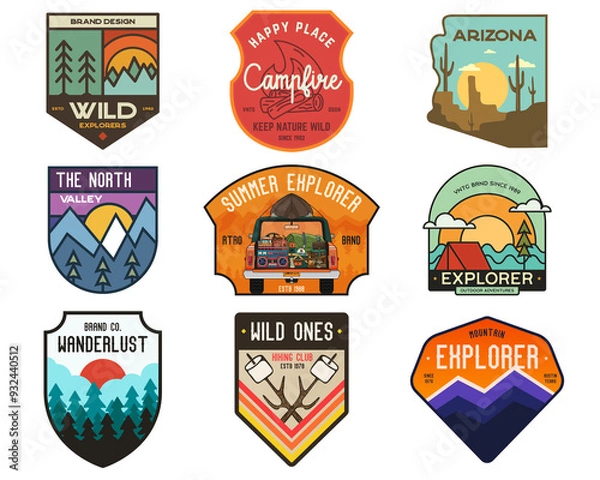 Fototapeta Set of vintage camping badges featuring various wilderness-themed designs including hiking, mountains, forests, and outdoor activities. Stock travel labels
