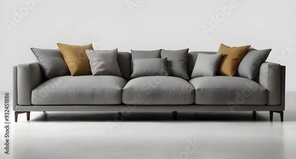 Obraz Contemporary gray three-seater sofa with lots of cushions.