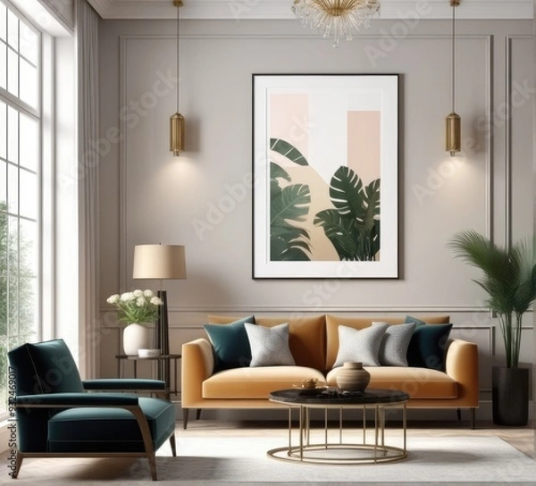 Obraz poster frame mock-up on modern living room interior. minimalist fucnitures