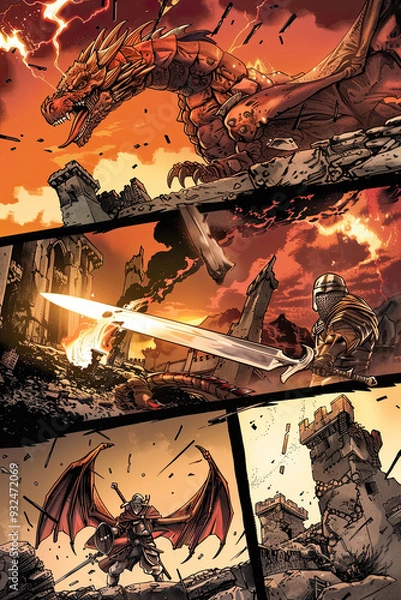 Fototapeta Comic strip showing a knight raising his sword to face a dragon’s fiery breath, with castle ruins in the background and intense lighting highlighting the battle.