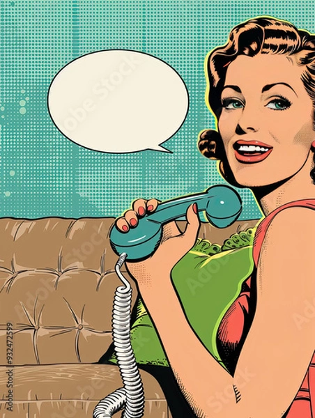 Obraz A retro comic panel featuring a smiling woman holding a telephone, with a blank speech bubble.