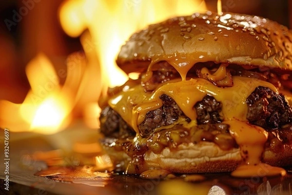 Obraz Close-up of a burger with melted cheese dripping down, with fire in the background highlighting the heat