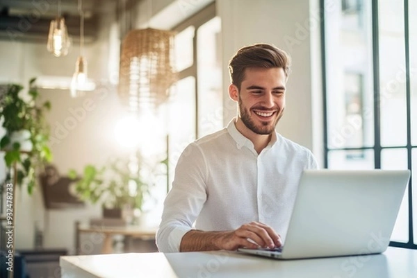 Obraz High-resolution brightly lit photorealistic candid photograph of a young marketer in a modern office, smiling as he works on his laptop in bright natural light. The photograph is styled like a