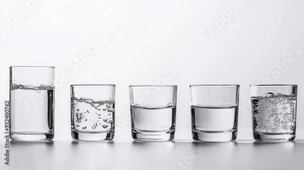Fototapeta Abstractly arranged glasses with different water levels, white background, focus on fluid levels and simplicity