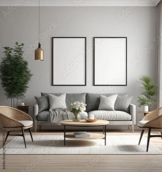 Fototapeta poster frame mock-up in modern living room interior. fucnitur