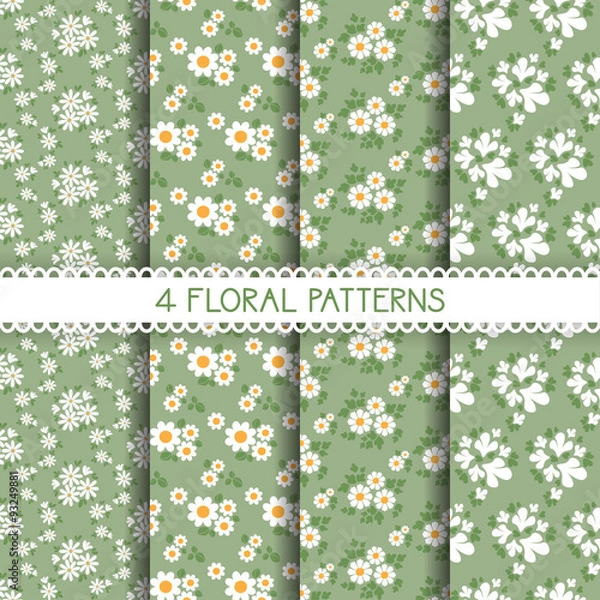 Fototapeta Set of seamless flower patterns. Cute floral textures, white and green. Vector illustration.