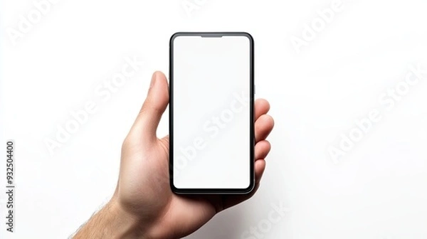 Fototapeta Hand displaying cellphone with empty display standing on light surface mockup