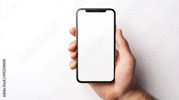 Fototapeta Palm presenting device with white screen upright on plain backdrop mockup