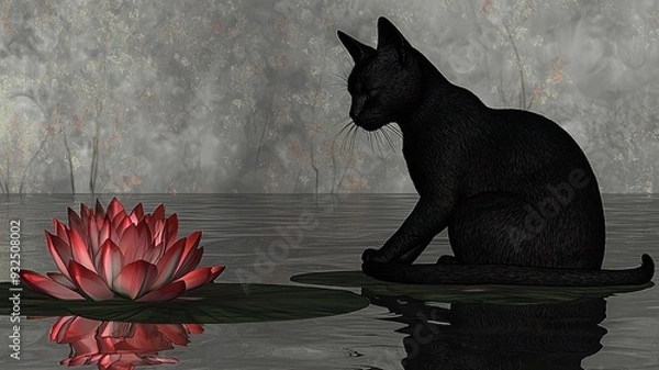 Obraz A serene scene featuring a black cat sitting near a blooming lotus flower, reflecting beauty and tranquility in nature.