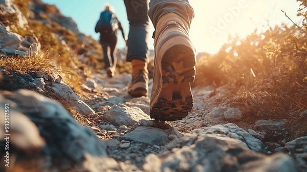 Obraz Closeup of hiking boots on rocky mountain path, two hikers walking towards the setting sun.