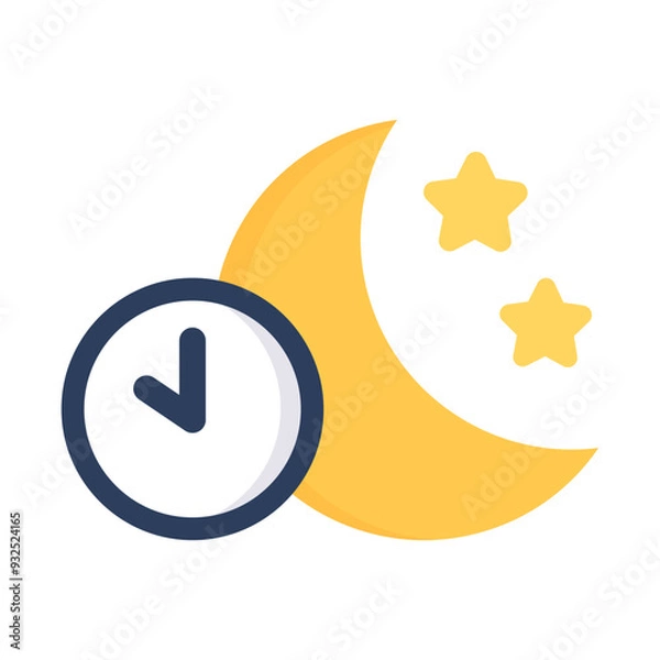 Obraz Night sleep icon. Moon with clock. Bedtime, nighttime, insomnia, dream concepts. Flat vector design isolated illustration.