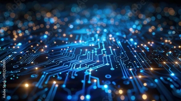 Fototapeta Generate an abstract banner with a digital network circuit board design, incorporating blue and black colors with glowing lights and connecting data dots for a big data technology theme