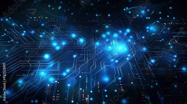 Obraz Produce an abstract digital network circuit board banner with blue glowing lights and data dots connected against a black background, symbolizing big data technology