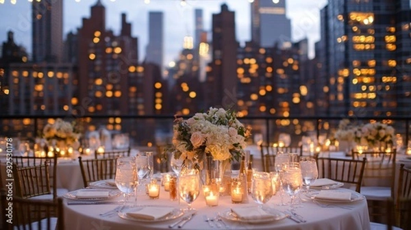 Obraz A romantic wedding reception on a rooftop terrace with panoramic views of the city skyline. The tables are arranged around the edge of the terrace, decorated with white linens, candles, and simple