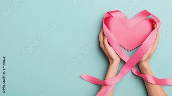 Obraz Hands holding a pink heart with ribbons on a pastel background, symbolizing love, care, and compassion.