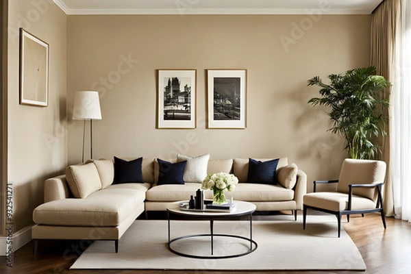 Fototapeta modern living room with fireplace, modern beige living room