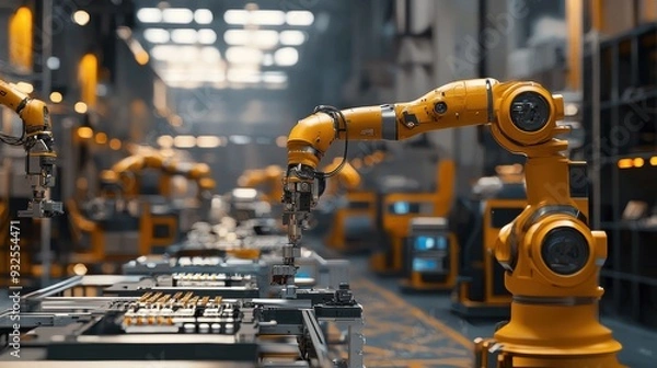 Fototapeta An industrial setting featuring advanced robotics in action, with robotic arms assembling products alongside human workers, highlighting the synergy between man and machine in the future of