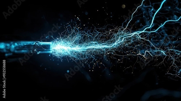 Fototapeta A dynamic close-up of intense blue and white electrical discharges, with lightning-like bolts branching out across the entire image, creating a chaotic and energetic atmosphere. The background is