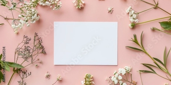 Obraz Top view of blank paper wedding invitation card mockup with white card and flowers featuring ample copy space