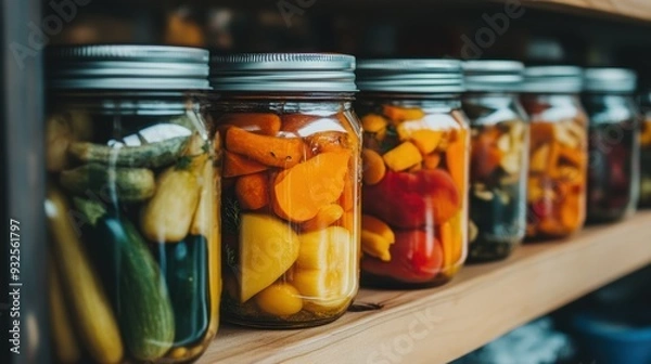 Fototapeta A row of mason jars filled with a variety of pickled vegetables, showcasing a rainbow of preserved produce in a rustic setting.