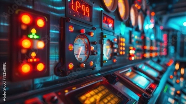Fototapeta Control Panel with Illuminated Buttons and Gauges