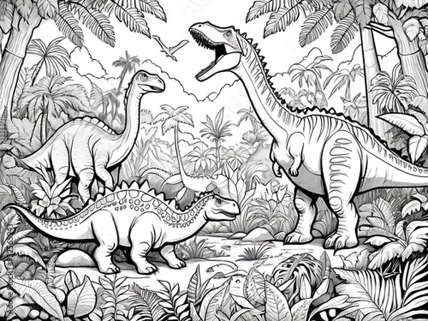 Fototapeta Jurassic Jungle with Playful Baby Dinosaurs and Ferns