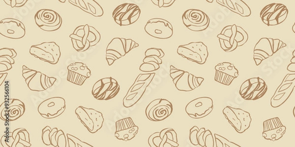 Fototapeta Pastry pattern, seamless background with hand drawn bakery products.