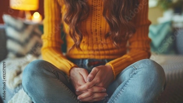 Obraz woman at home suffering from menstrual pain having cramps close up of woman holding abdomen endometriosis,conditions causing pain in tummy
