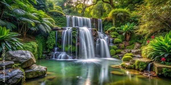 Fototapeta A serene waterfall flowing in a lush garden surrounded by nature, with a long exposure capturing the tranquil beauty of the landscape
