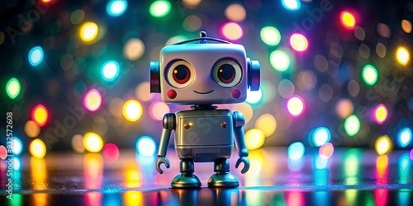 Fototapeta Cute little robot with colorful lights and a friendly expression