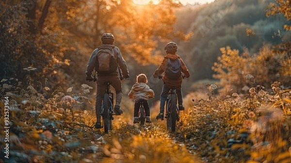 Fototapeta young family with little children preapring for bike ride standing with bicycles in nature