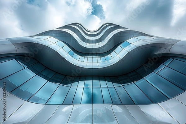Fototapeta A tall building with a unique design, featuring a series of curves and angles